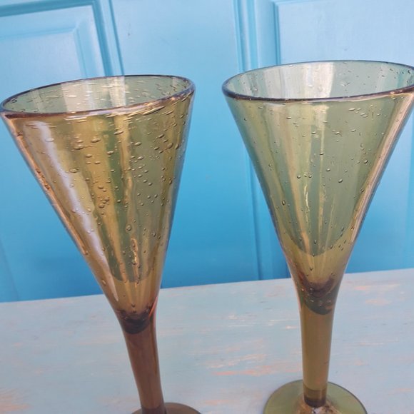 Vintage Golden Wine Goblets Bubble Glass Handmade Signed French Artist France - Picture 8 of 16
